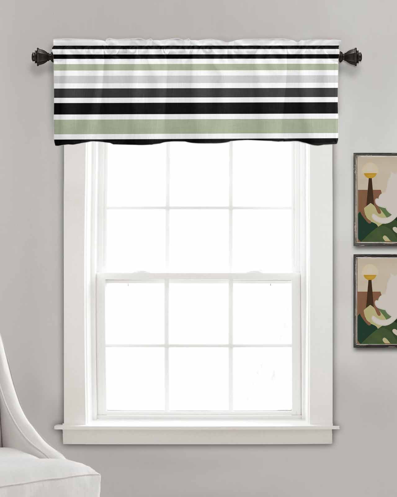 Sage Green Black Stripe Kitchen Valances for Windows Farmhouse Linen Window Valance Curtain for Living Room Window Treatment Modern Abstract Coarse Striped Valance Rod Pocket Topper, 54 x 18 Inch