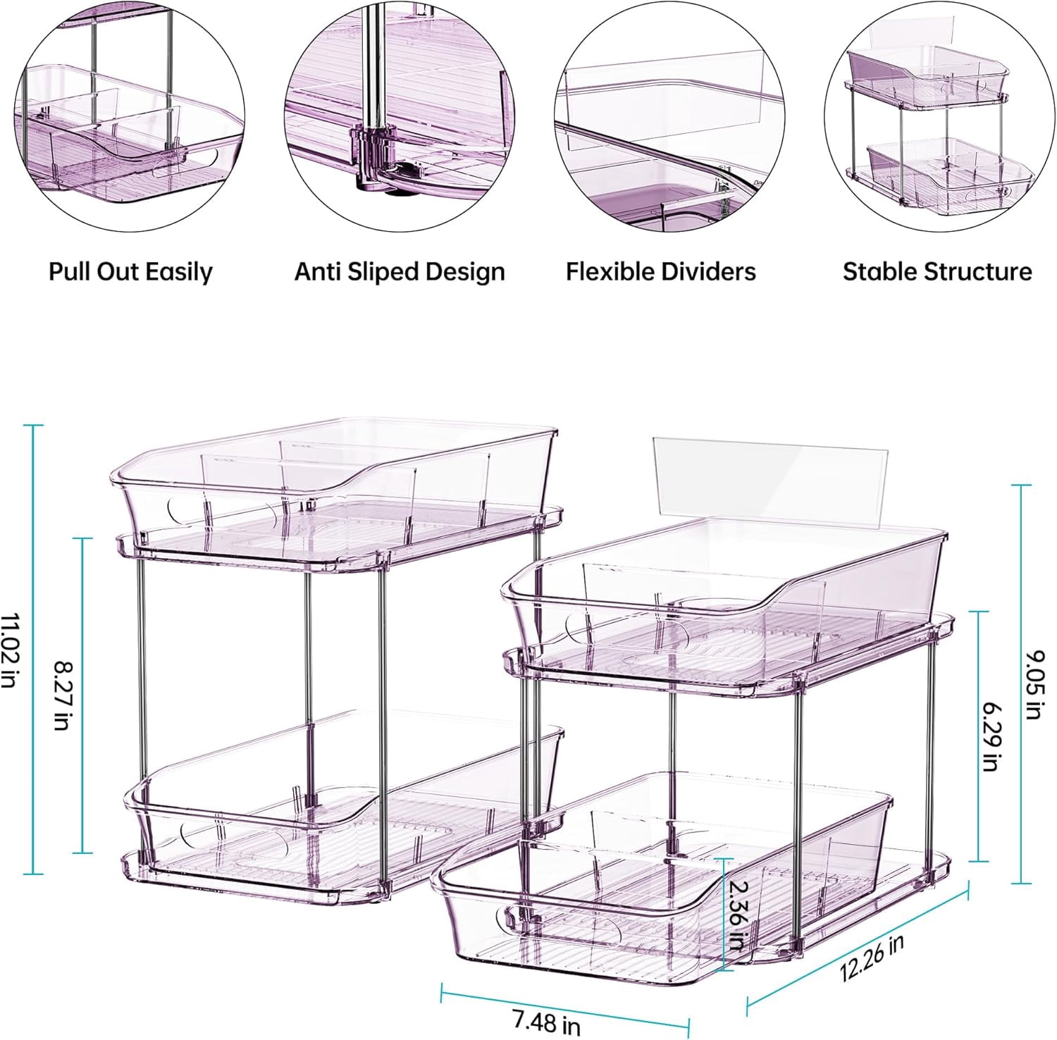 2-Tier Under Sink Organizers and Storage, Multi-Purpose Stackable Bathroom Cabinet organizers, Pull Out Kitchen Pantry Organization and Storage with Dividers(2 Pack, Purple)