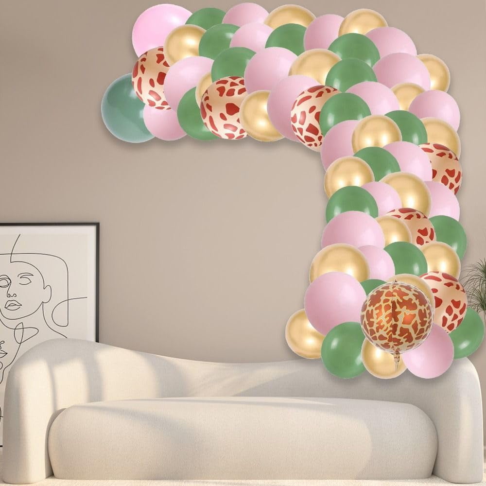 Uniquer Jungle Safari Balloon Garland Kit, KKS1&nbsp;Green Pink Gold Latex Balloons Arch Kit, Giraffe Animal Print Balloons, Woodland Girls Boys Birthday Party Decoration