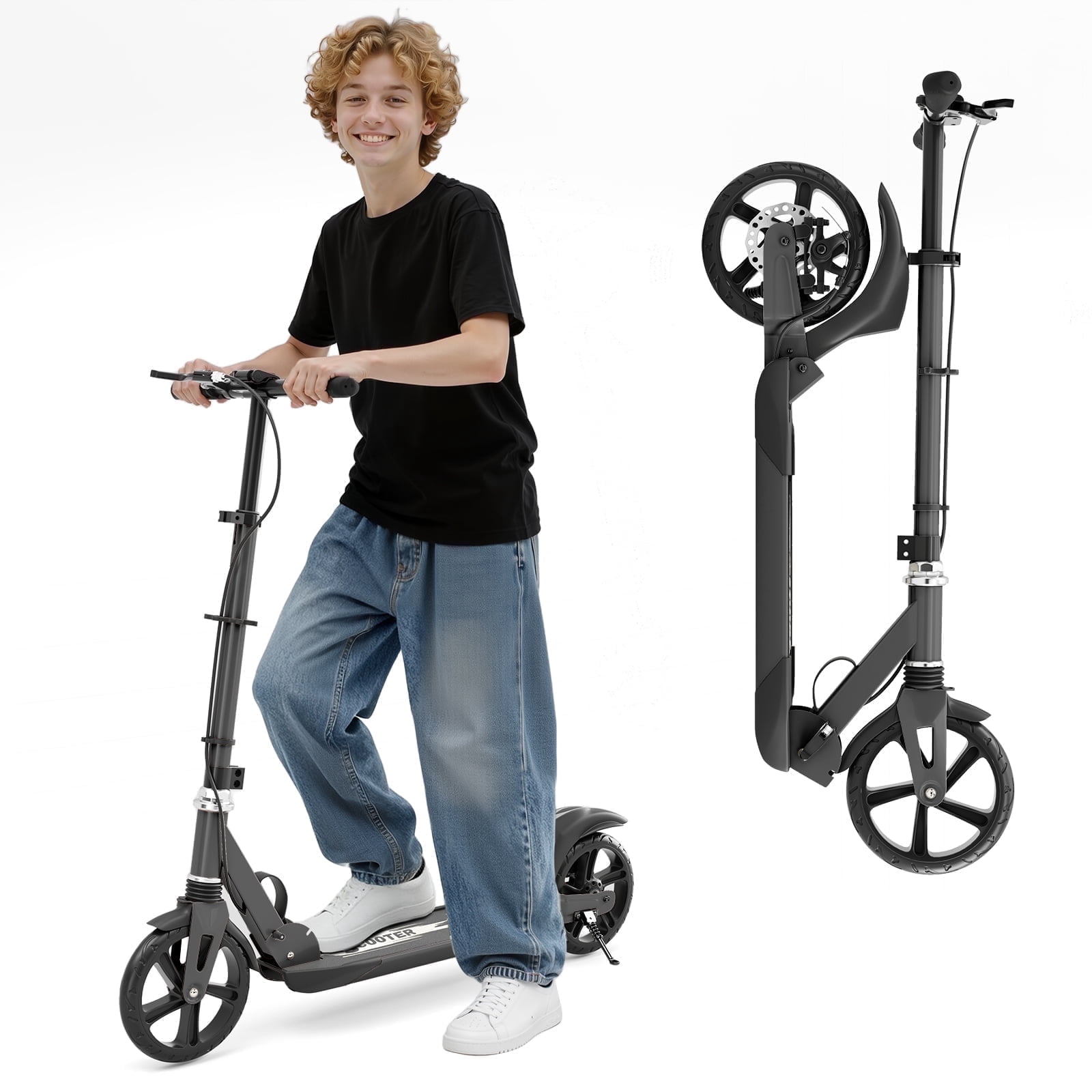 Kick Scooter for Teens & Adults, Lightweight Scooter with Hand Brake & 8" Big Wheels, 4 Adjustable Heights, Smooth ABEC-7 Bearings, Supports Up to 220 lbs, Ideal for Commuting or Leisure Rides, Black