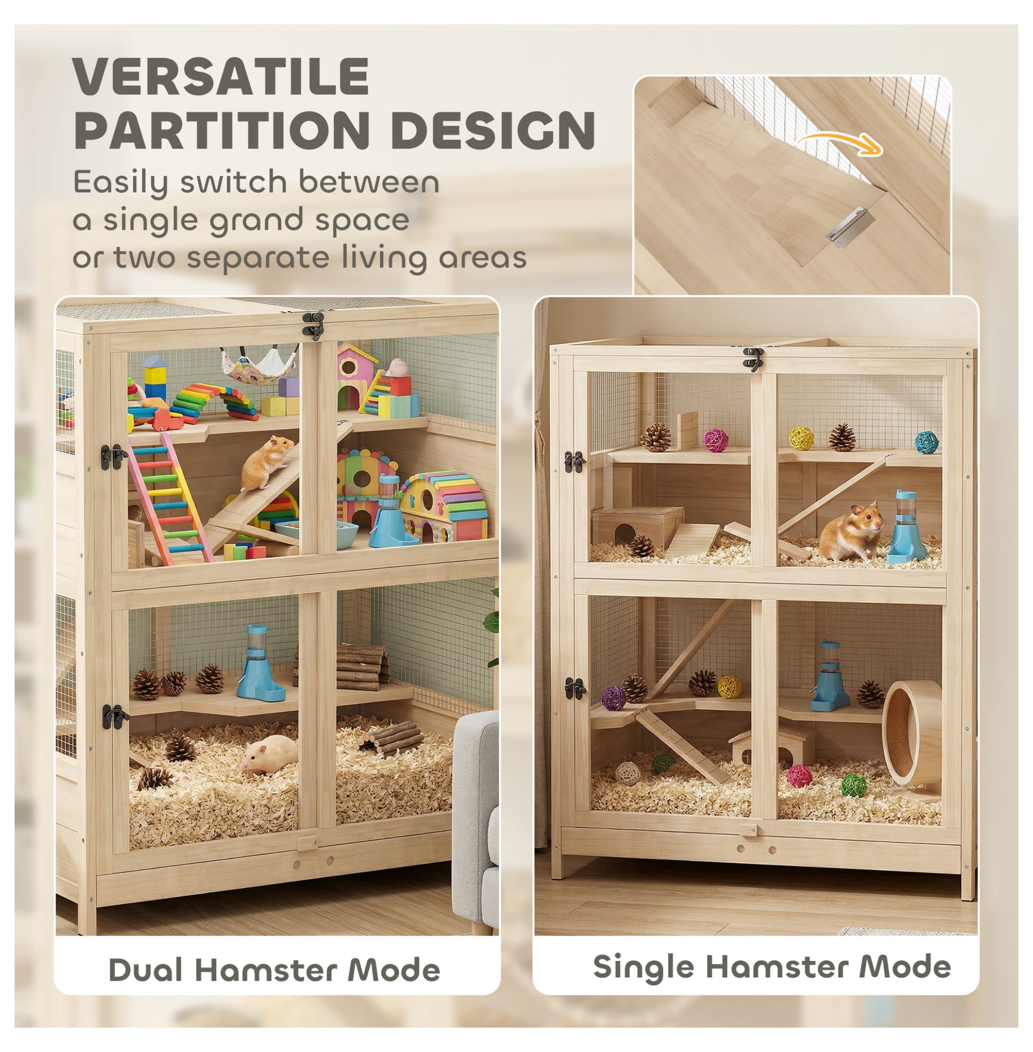 Wooden Hamster Cage 4 Tier, Small Animal Habitat w/Ramps & Hideouts