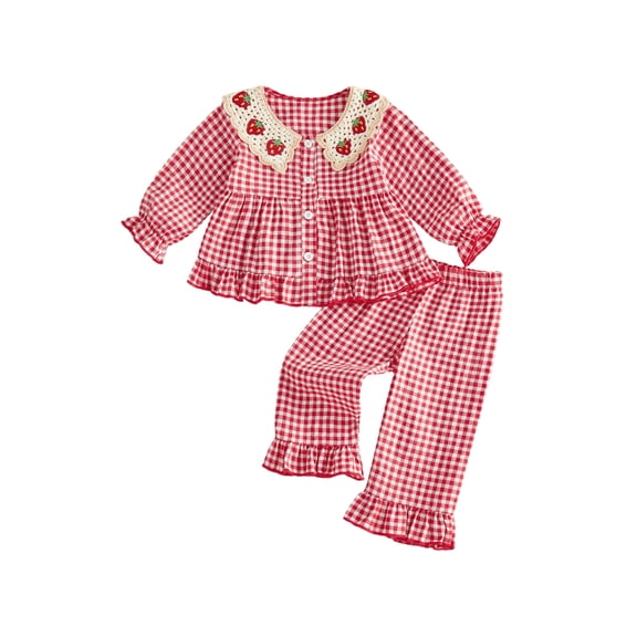 Cjfdfy Toddler Baby Girl Fall Outfits Casual Cherry Strawberry Plaid Button Down Doll Collar Long Sleeve Tops with Pants 2 Pcs Set Cute Red Pink Checkered Doll Collar Casual Set Fall Clothes