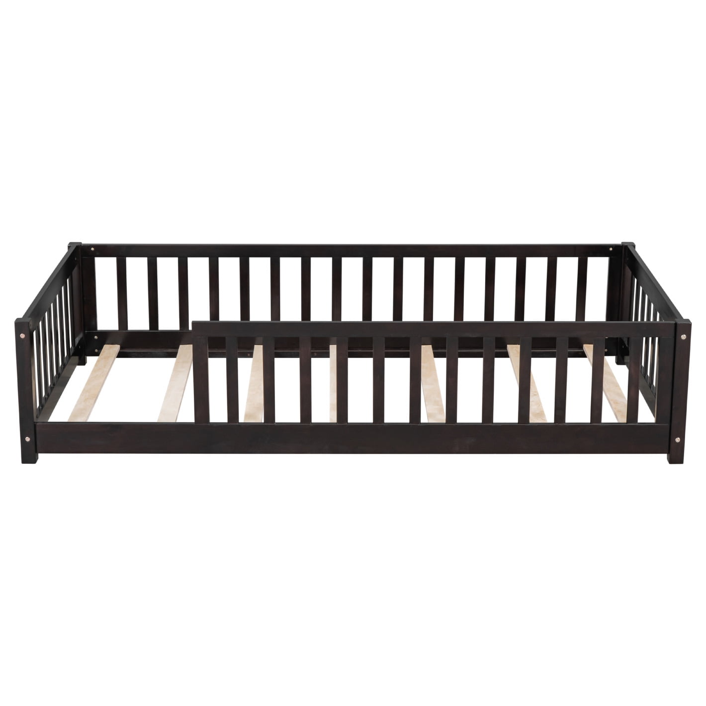 Twin Size Floor Bed for Toddlers and Kids, Solid Wood Montessori Floor Bed with Safety Fence Rail without Door, Durable Montessori Bed Frame with Sturdy Slats Support for Boys and Girls, Espresso