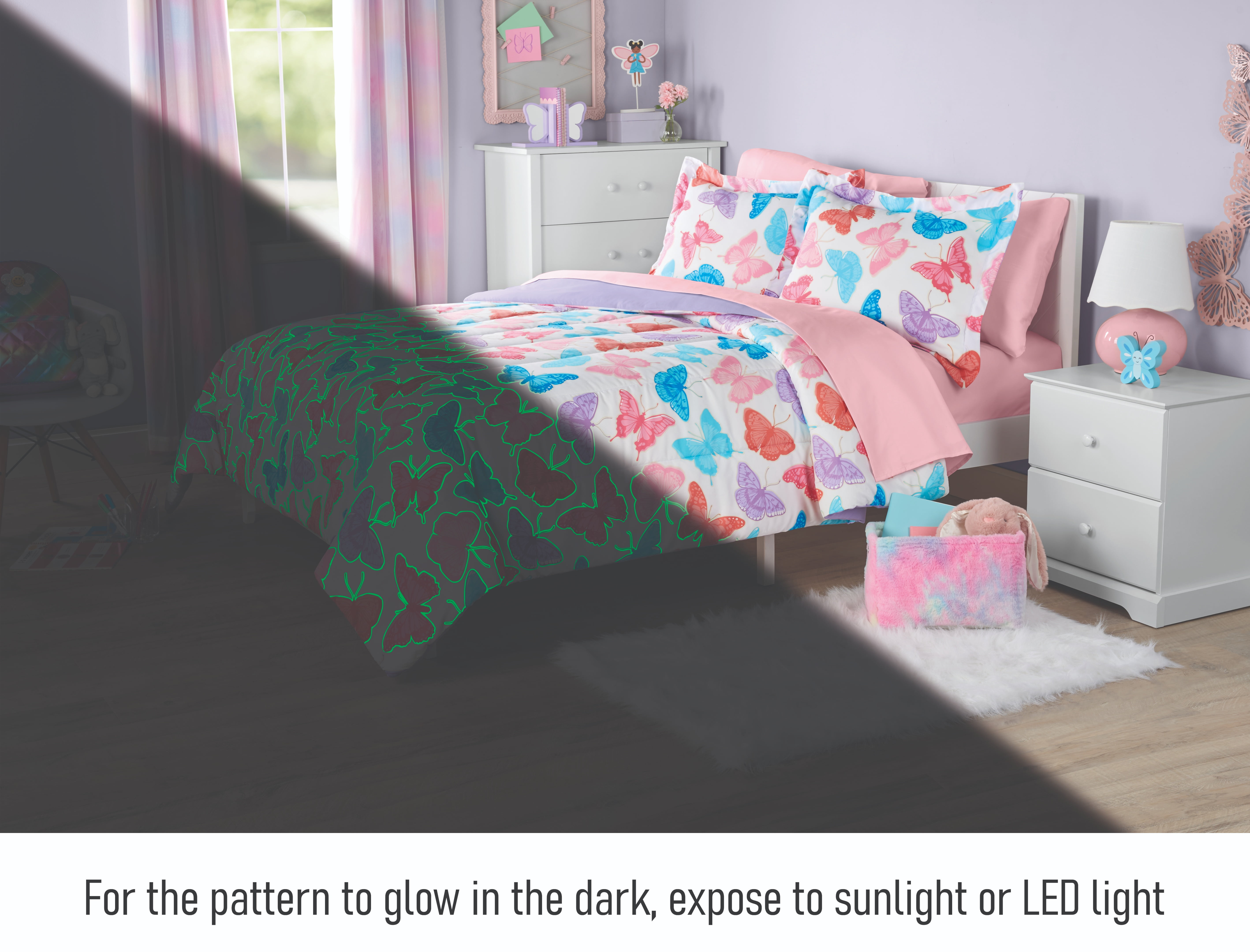 Your Zone Glow in the Dark Butterfly 7-Piece Kids Bedding Set with Fabric Storage Bag, Full