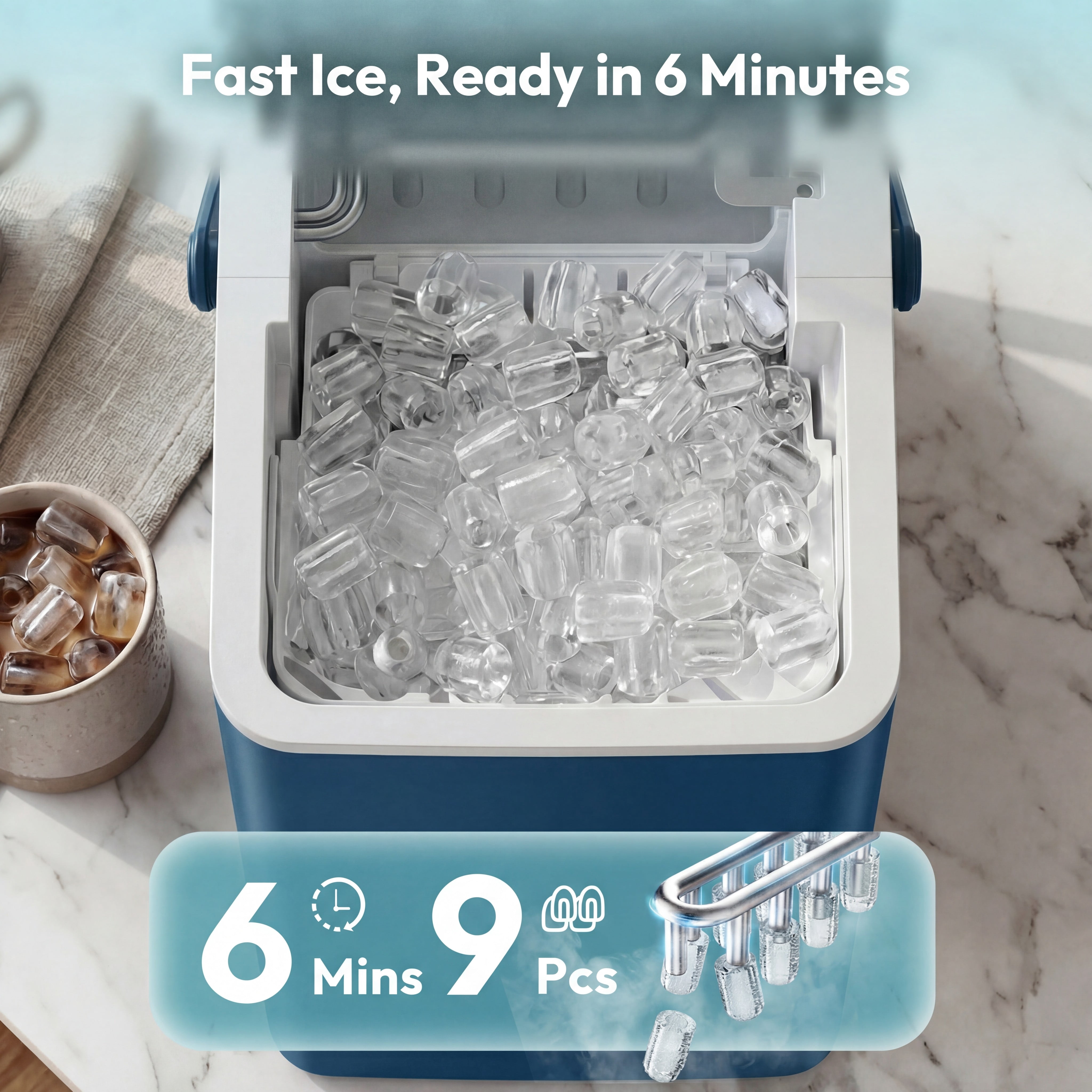 EUHOMY Countertop Ice Maker, 26 lbs/Day Portable Bullet Ice Machine, Self-Cleaning, Compact Design, Blue