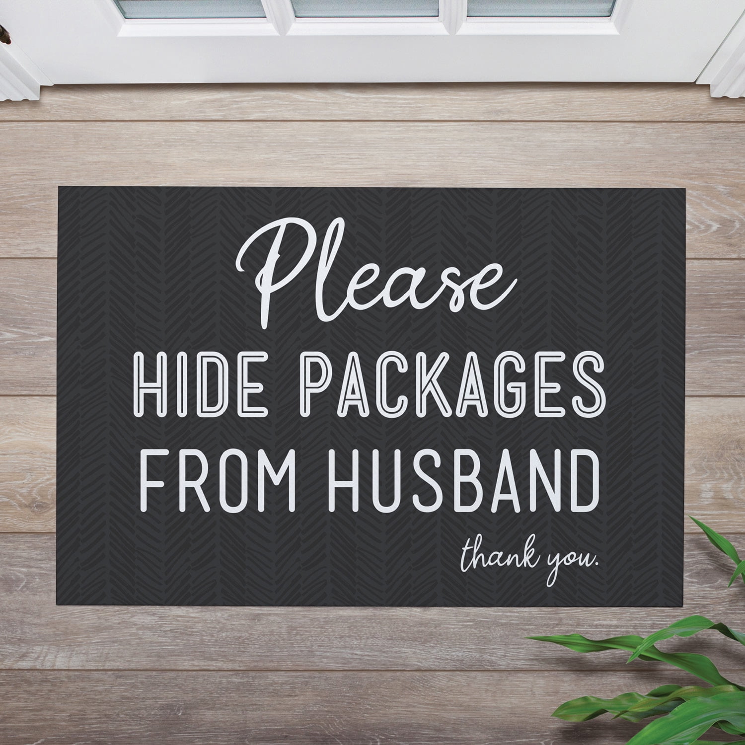 Personalized Planet 27x18 Please Hide Packages From Husband Thank You Humor Doormat on Black Rectangular 1/4” Thick Non Slip Mat for Kitchen Hallway Deck or Porch