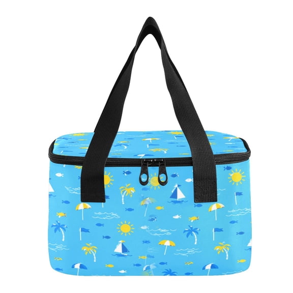 6L Insulated Lunch Bag Square Handheld Cooler Tote Blue Beach Summer Pattern Reusable Thermal Bag with Polyester & Aluminum Lining for Work Picnic Travel