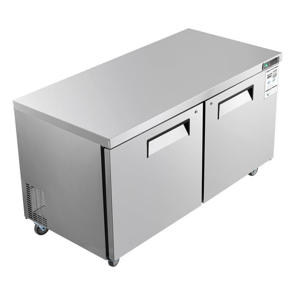 KFFKFF 60" W Commercial Freezer, 14.8 Cu.Ft Undercounter Freezing Unit with LED Lighting and Lockable Doors, 2-Door Stainless Steel Worktable with Casters for Food Storage and Preparation