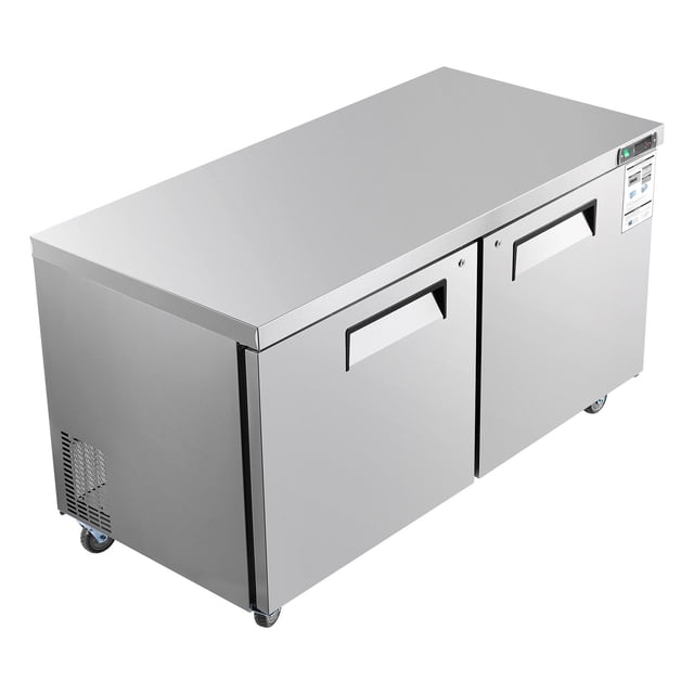 KFFKFF 60" W Commercial Freezer, 14.8 Cu.Ft Worktop Freezers Undercounter with LED Auto Lighting and Lockable Door, 2 Doors Food Freezing Prep Worktable