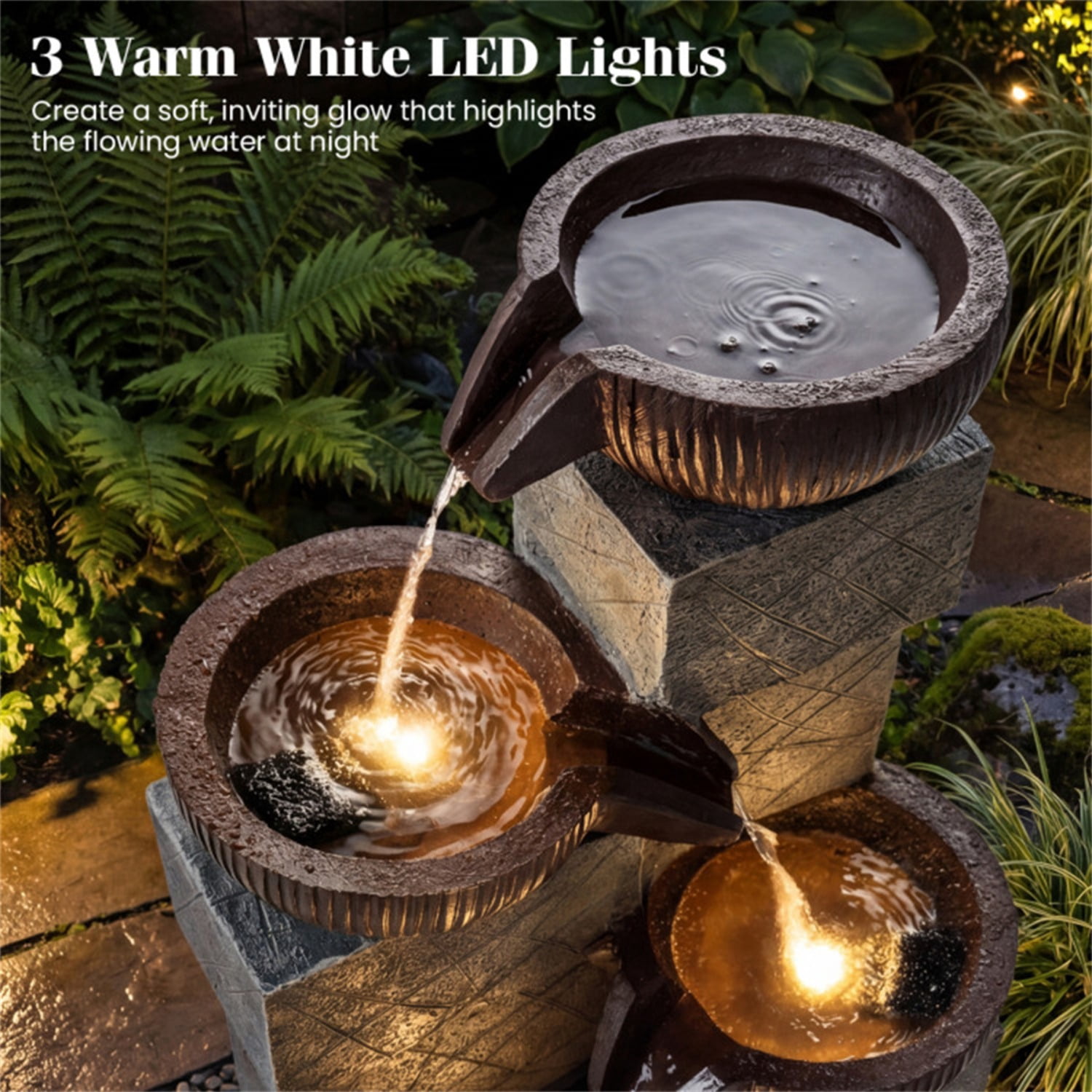 4-Tier Waterfall Fountain with LED Lights, Resin Fiberglass Outdoor Fountain with Adjustable Flow for Garden Patio