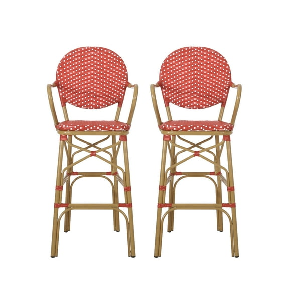 Lyam Set of 2 Outdoor Barstool Chair, Red Woven Wicker, Brown Aluminum