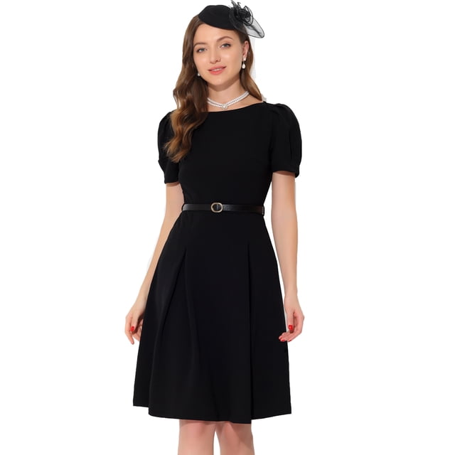 Vestido de trabajo elegante para mujer Vestidos de manga corta con cuello barco y cinturón Negro M