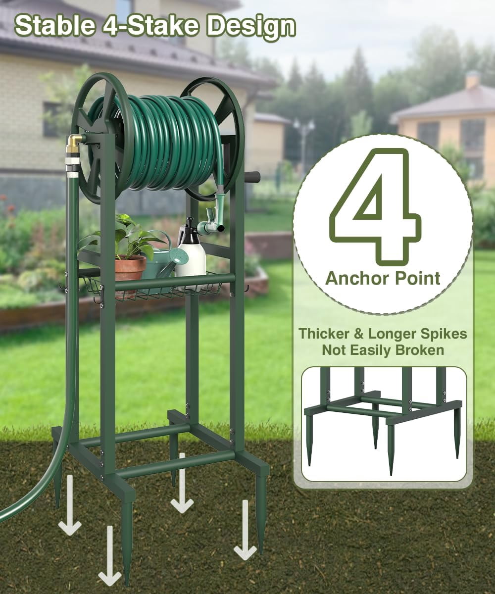 Freestanding Garden Hose Reel holds 125ft Hose of 5/8" with 4 Hooks, 4-Spike Outdoor Hose Holder with 3.9ft Leader Hose & Brass Fitting, Detachable Metal Hose Stand with Storage Rack, Green