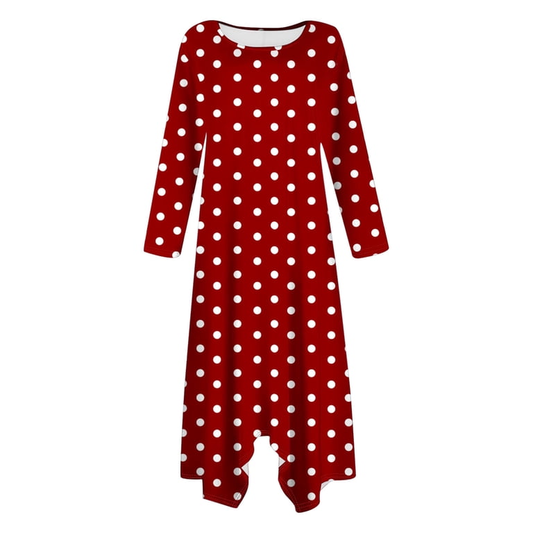 navy blue dress for baby girl miqiqism Women's Long Sleeve Dresses Fall Winter Long-Sleeved Irregular Hem Dress  Juniors Polka Dot Round Neck T-Shirt Dress Teen Girls Casual Dresses,Red,Medium
