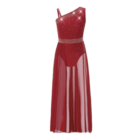 Mufeng Lyrical Dance Costume for Girls Sparkly Rhinestone Ballet Leotard with Wrap Skirt Modern Burgundy 16