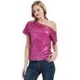thumbnail image 1 of Womens Short Sleeve One Shoulder Sparkly Glitter Sequin Top Shirt, 1 of 5