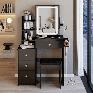 29.2" Small Bedside Vanity Table with Charging Station & LED Mirror, MDF Makeup Desk for Girls' Rooms, Touch-Slide Design, Tri-Color Lighting, Hair Dryer Stand & Easy Assembly, Black
