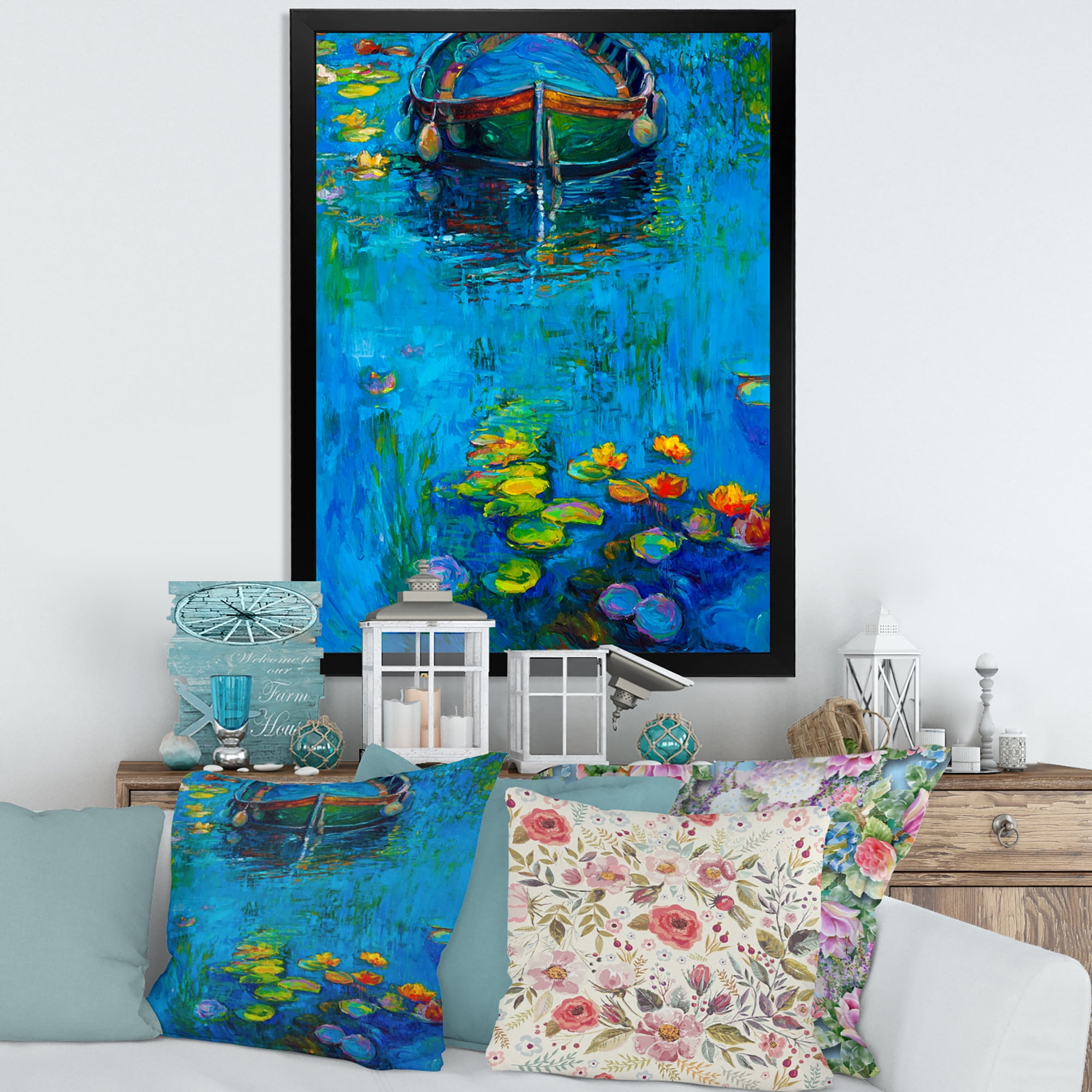 Designart 'Boat In Blue Lake' Nautical & Coastal Framed Art Print