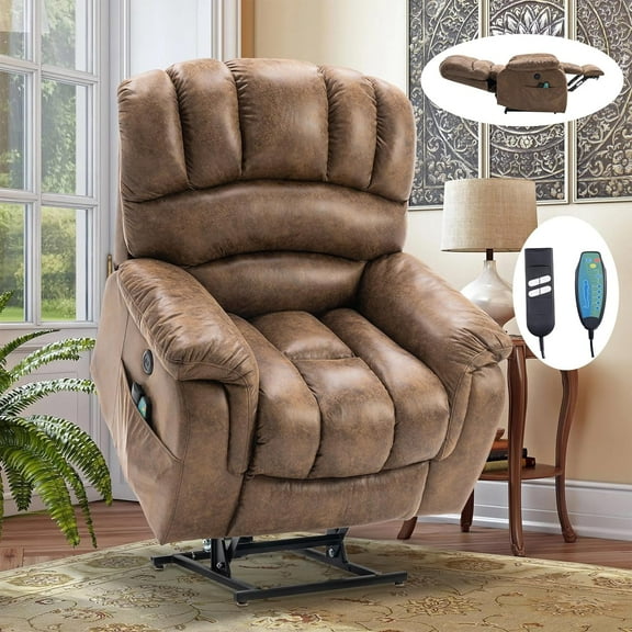 OUINCH Large Dual Motor Lay Flat Sleeper Power Lift Recliner Chair for Elderly with Heat and Massage, 2 Remote Controls, 2 USB Ports & 2 Side Pockets, Infinite Position (Brown)