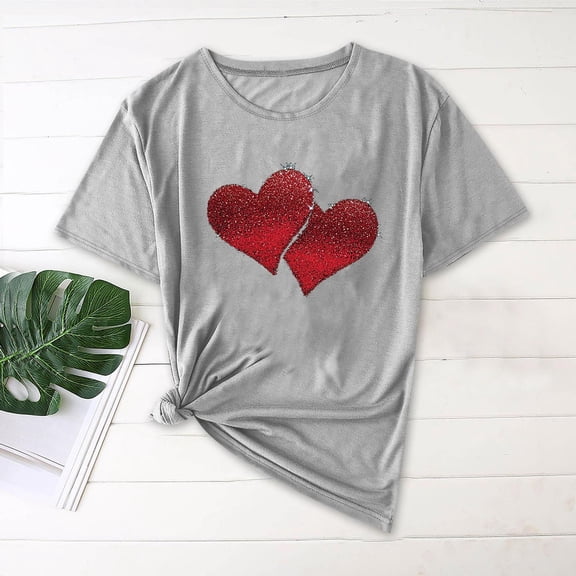 EchfiProm Womens Shirts Love Heart Valentine Day Graphic Tee Valentine Short Sleeve Summer Cute Tops for Women