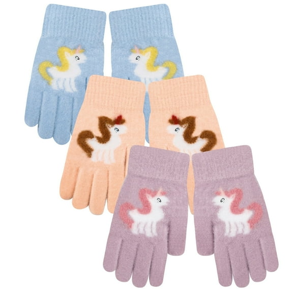 Bocaoying 3 Pcs Winter Knit Gloves for Kids, Soft Thermal Gloves, Children's Full-Finger Mittens with Novel Unicorn Pattern for Girls Ages 5-10 Years, Pink, Camellia Pink, Misty Purple, One Size