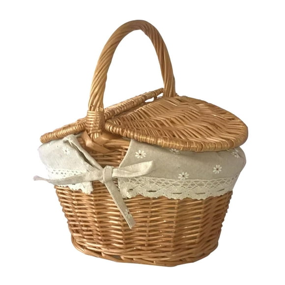Rustic Wicker Picnic Basket with Lid and Handle, Rattan Storage Serving Basket Hiking Beach Camping Outdoor