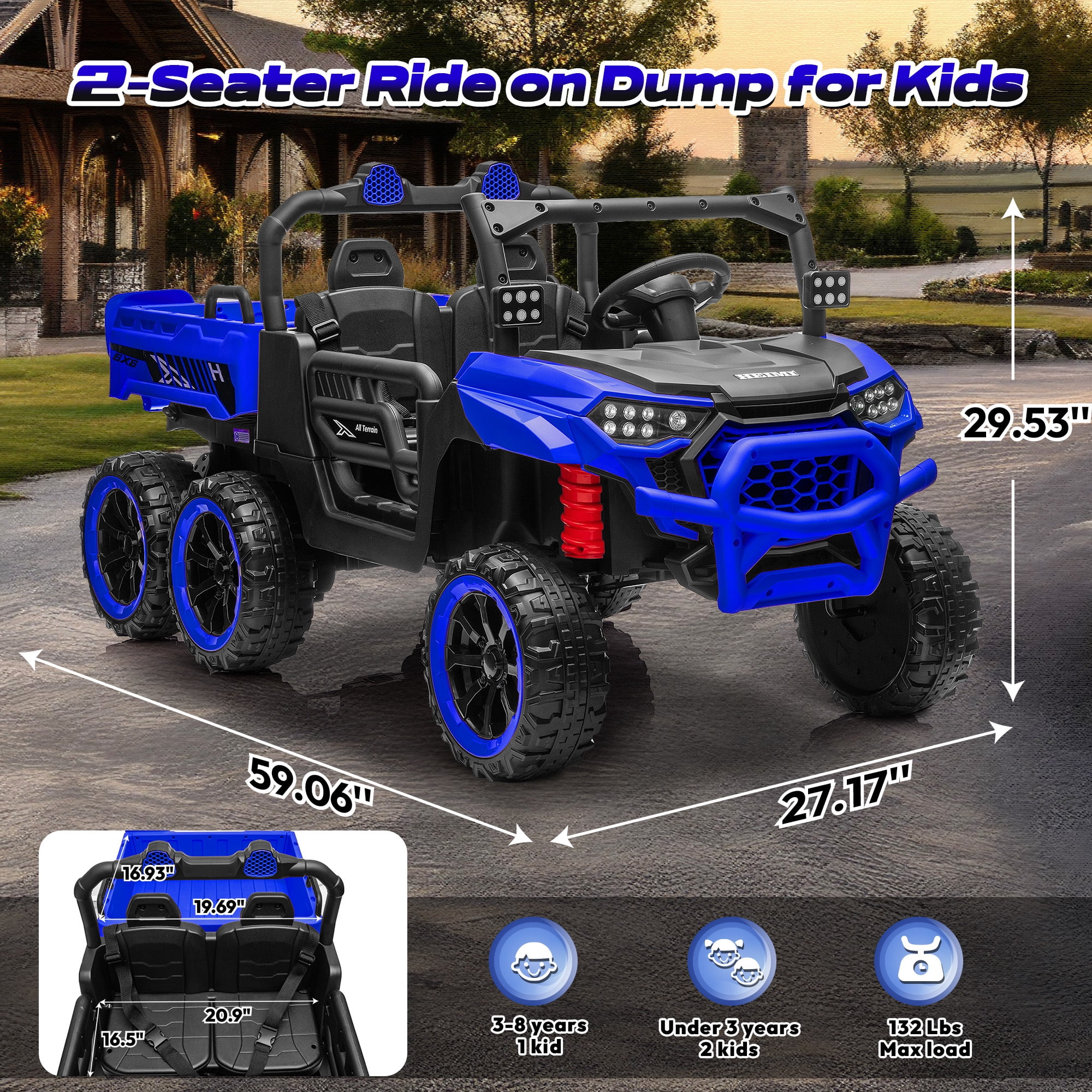 Letsgokid 24V 2-Seater Ride On Dump Truck with Remote Control, 4WD 6-Wheel Electric Car for Big Kids with Electric Dump Bed, 20in Seat, 400W Powerful Motor, LED Lights, Music, Ages 3+