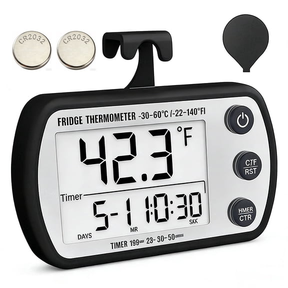 Digital Refrigerator Thermometer with 2.25” Large Screen, Waterproof Freezer Thermometer with Max/Min Record & Timer Function, Black