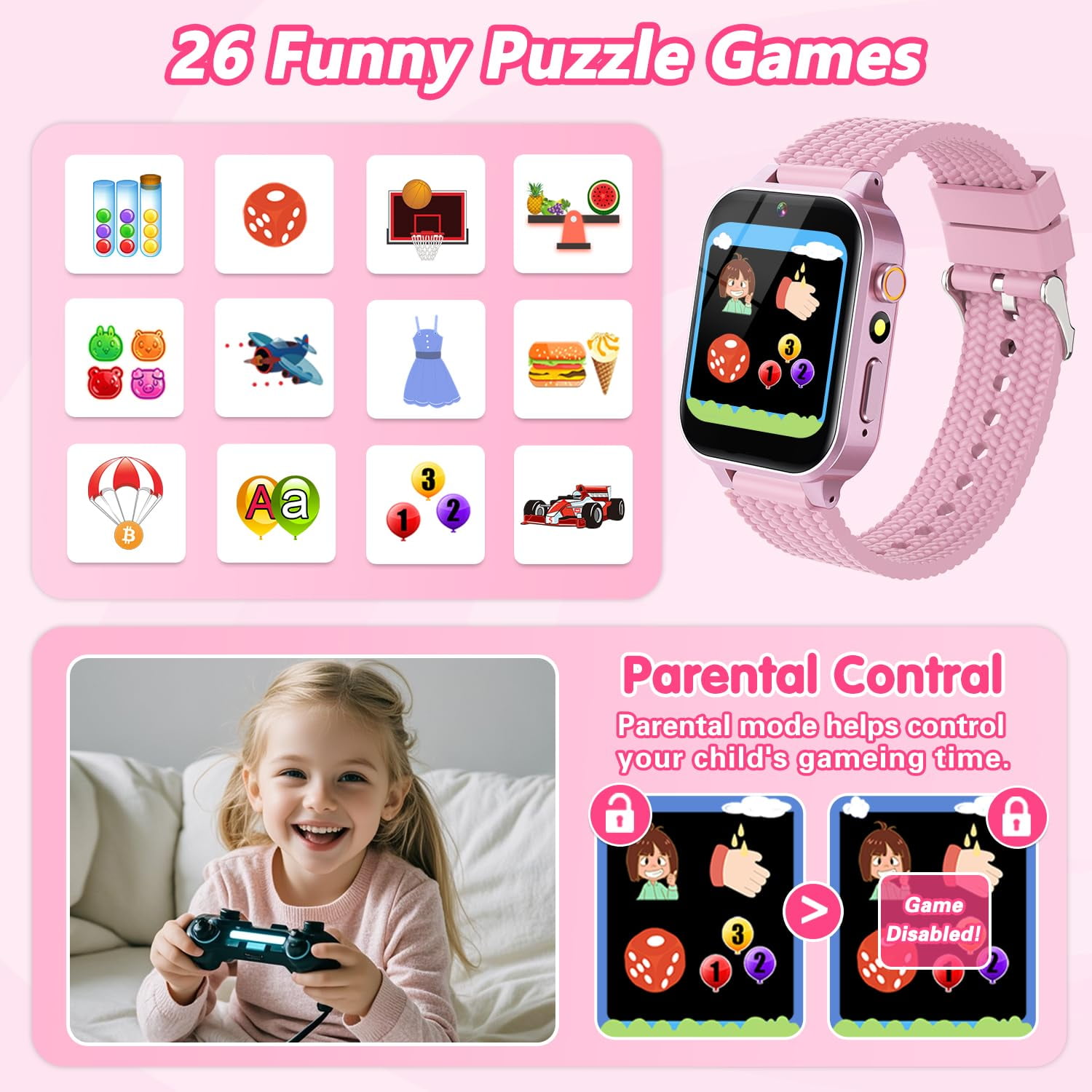 Smart Watch for Kids Girl Gift Ages 3-12, 2 Screen Protector, 26 Puzzle Games, HD Camera Video Music Player Touchscreen Pedometer, Educationtal Toy Brithday Gifts for Girl Ages 4 5 6 7 8 9 10(Pink)