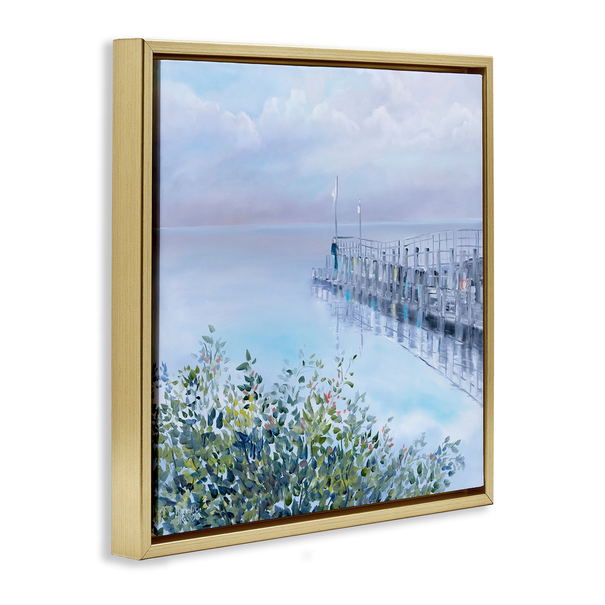 Stupell Industries Foggy Harbor Dock Landscape Painting Gold Floater Framed Canvas Art Print Wall Art, 18 x 18