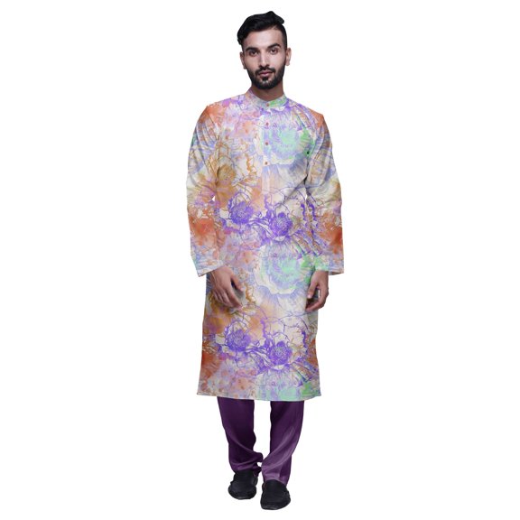 Atasi Button Placket Satin Slub Printed Mens Kurta With Churidar Kurta
