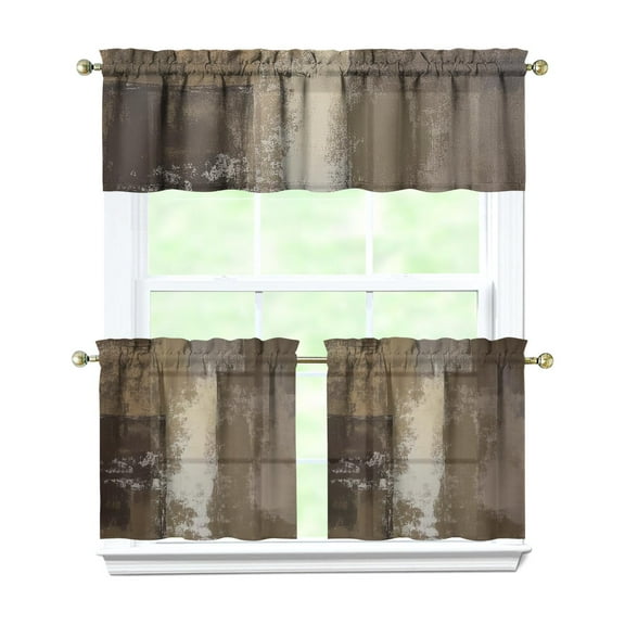 Brown Matte Color Blocks Kitchen Curtains and Valances Set-3 Piece Kitchen Curtains Sets with Valance for Windows Rod Pocket Machine Washable Kitchen Decor(54"x18" 2x27.5"x24")