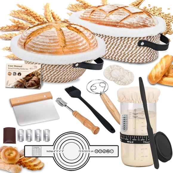 Kit de Démarrage de Pain au Levain avec Panier de Fermentation Rond de 10 Pouces et Banneton Ovale de 9 Pouces, Outils Complets pour Faire du Pain au Levain, Pot de Démarrage, Élingue à Pain