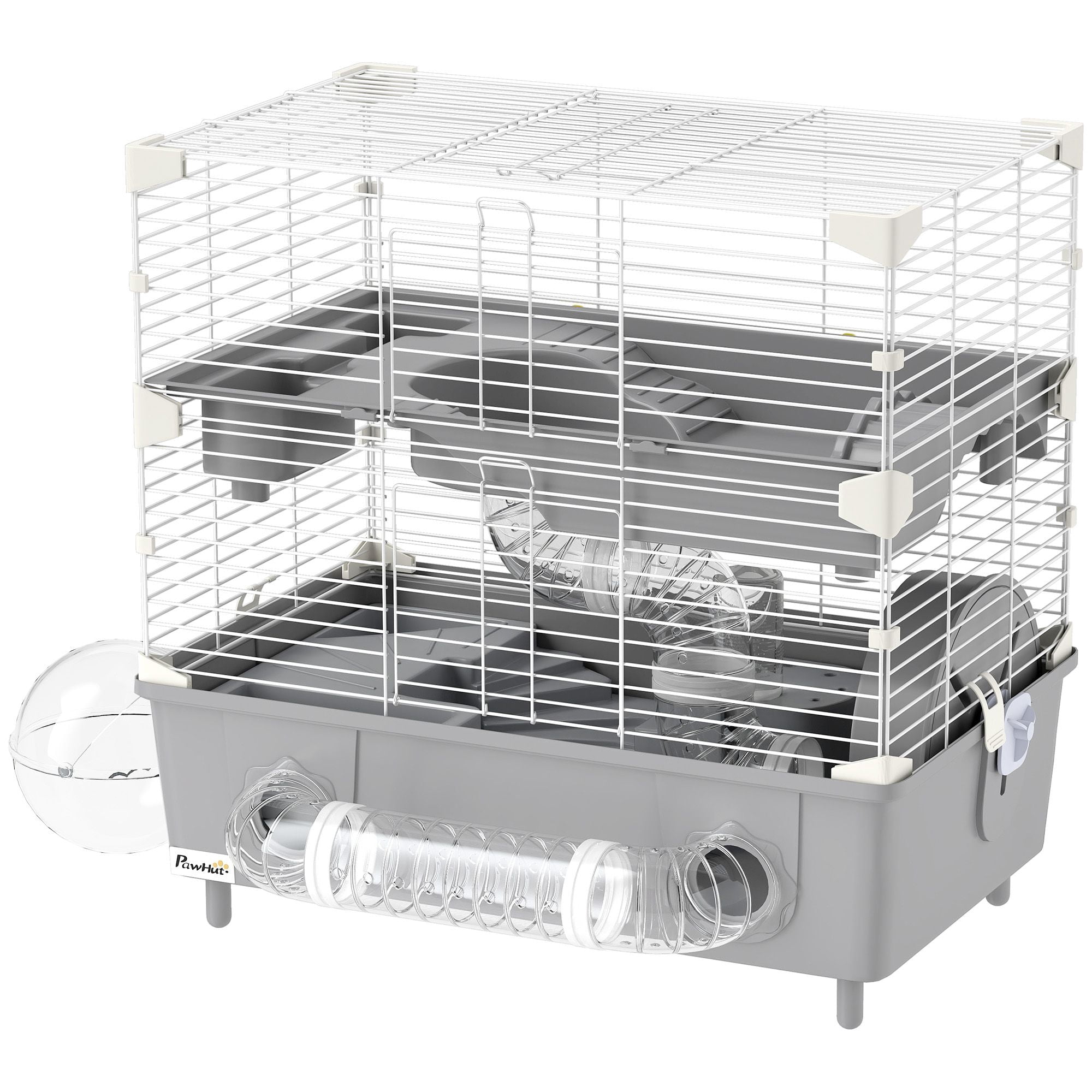 2 Level Hamster Habitat with Sand Bath Exercise Wheel Water Dispenser Tunnels and Supplies for Small Hamsters Gray