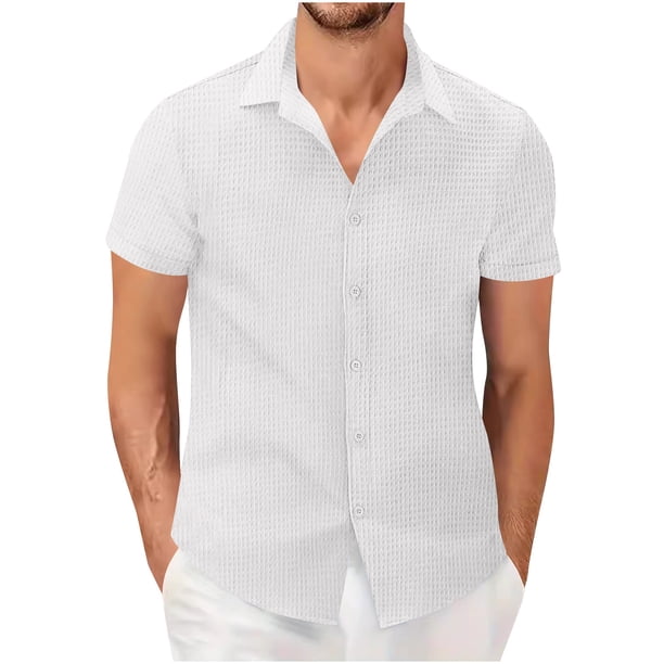 Blusa y camisa de manga corta con cuello vuelto para hombre, informal, de verano, a la moda, de color liso, de manga corta, con botones y solapa.