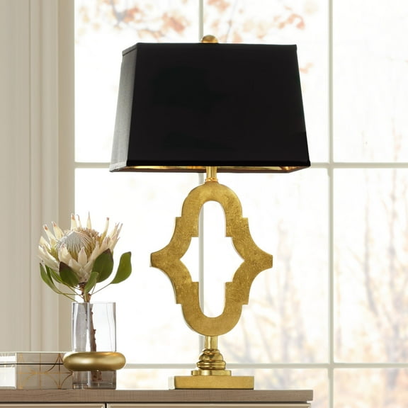 Possini Euro Design Judith Modern Mid Century Table Lamp 28 3/4" Tall Gold Black Fabric Rectangle Shade for Bedroom Living Room Bedside Nightstand