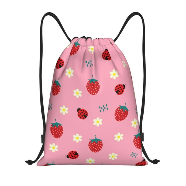 Disketp Strawberry and Ladybugs Print Drawstring Backpack Drawstring Gym Bags Draw String Bags for Sports, Gym, Travel, Swimming, Beach-Medium