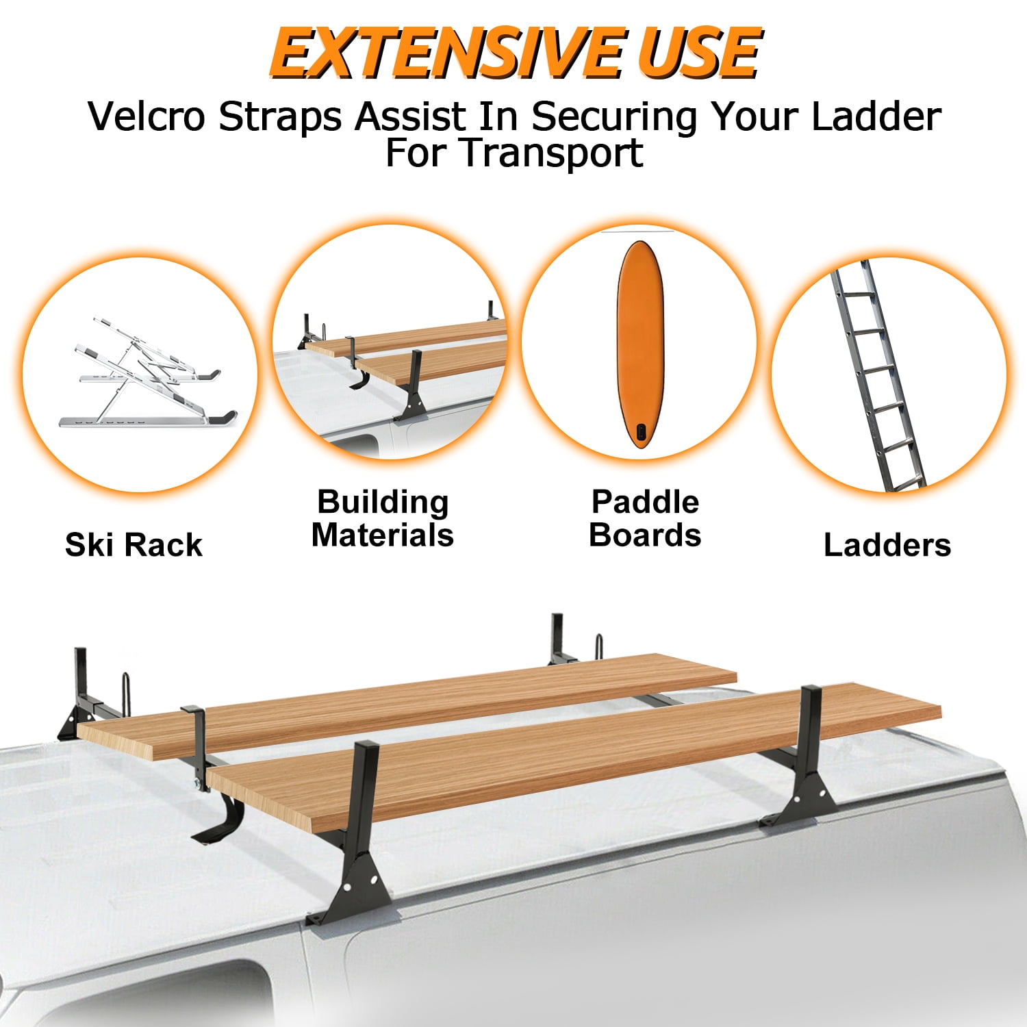 Kojem Universal 2 Bars Roof Rack Mount Full-Size Vans for Chevy Express Ford E-Series GMC Savana 68"-75" Adjustable Steel Rack Carry Ladders