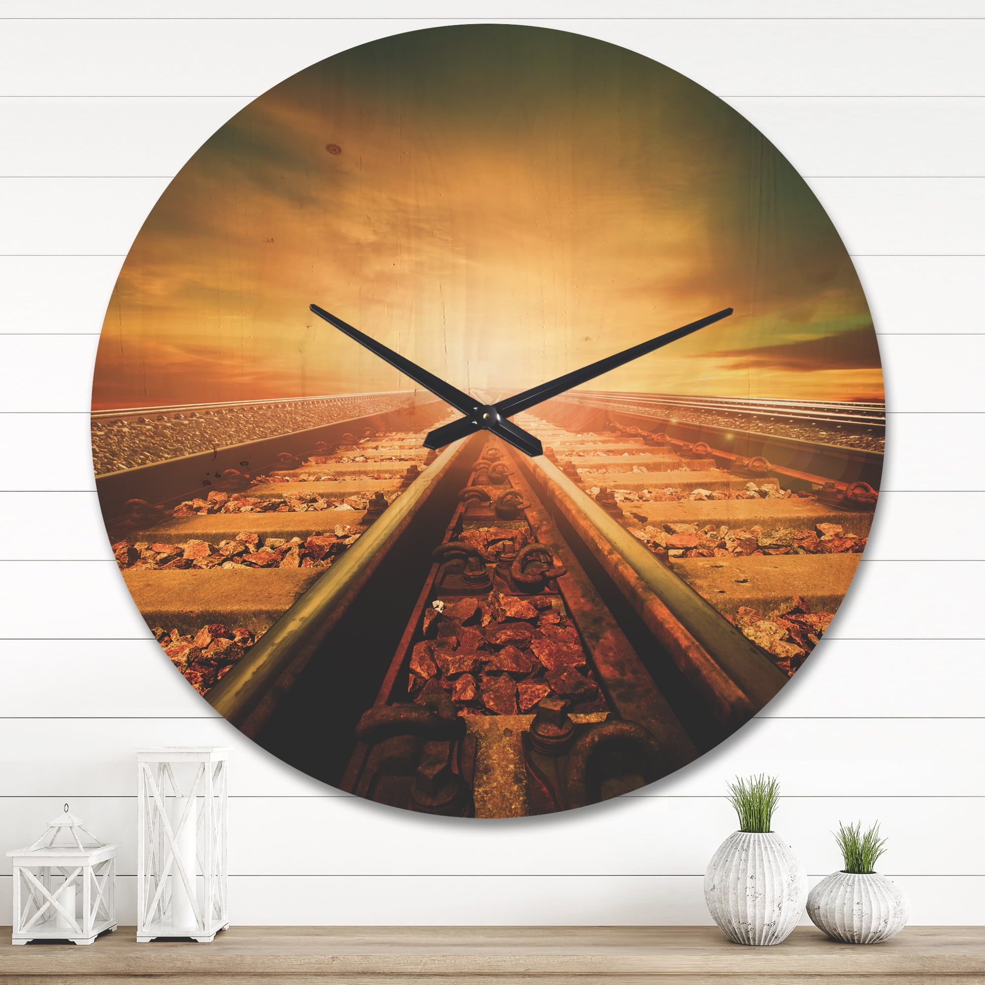 Designart 'Junction of Railways Track At Sunset' Modern Wood Wall Clock