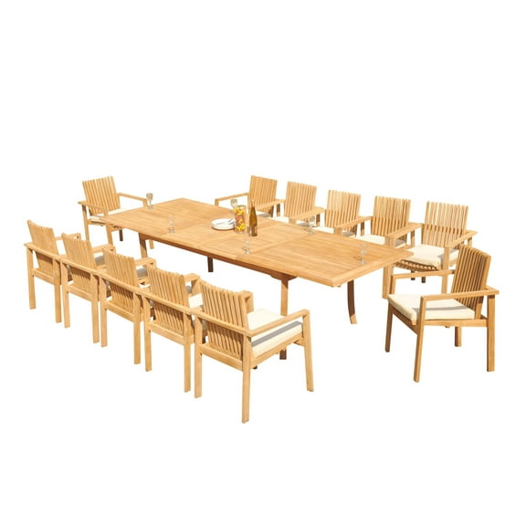 Grade-A Teak Dining Set: 12 Seater 13 Pc: 118" Rectangle Table And 12 Clipper Stacking Arm Chairs Outdoor Patio WholesaleTeak #51CP2413