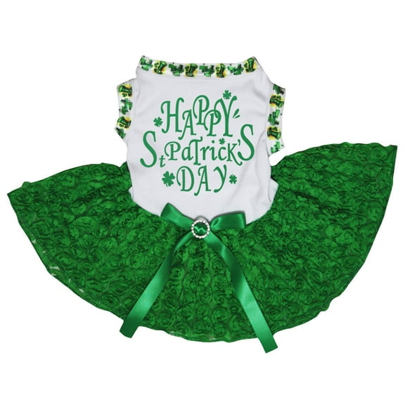 Petitebelle Happy St Patrick's Day Puppy Dog Dress (White/Green Floral, Large)