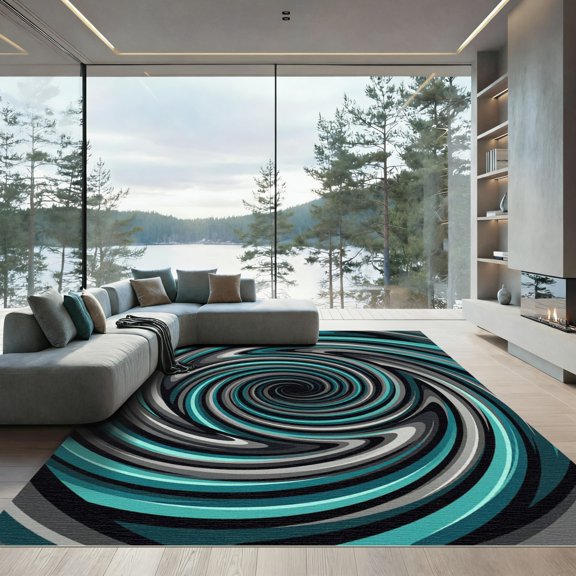 ODIKA 4'x6' Machine Washable Non-Slip Area Rug, Abstract Teal High Traffic Rug, Blue, 977142