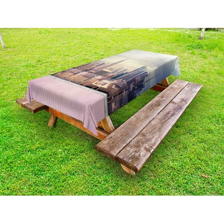 Flat Roof Balcony Ideas Modern Outdoor Tablecloth, New York City Usa Landscape from Roof Apartment Balcony Photograph Image, Decorative Washable Fabric Picnic Tablecloth, 58 X 104 Inches, Grey White and Pink, by Ambesonne ()