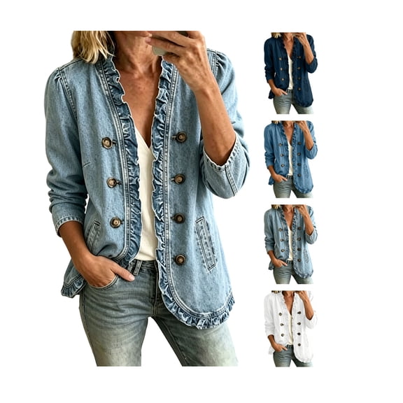 Jean Jacket Women Ruffles Open Front Jean Jacket Plus Size Lightweight Fall Denim Coat Long Sleeves Casual Outdoor Coats