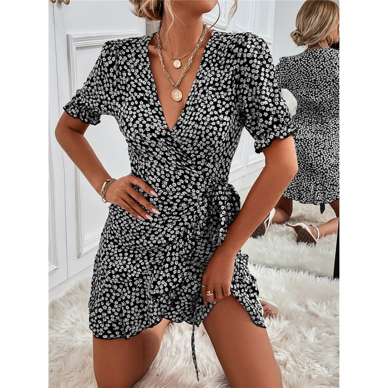 STEADY Ladies Casual Sexy V-neck Printed Dress Floral Pullover A-line Dress  cheap dresses under 10 dollars for women,Black/M 