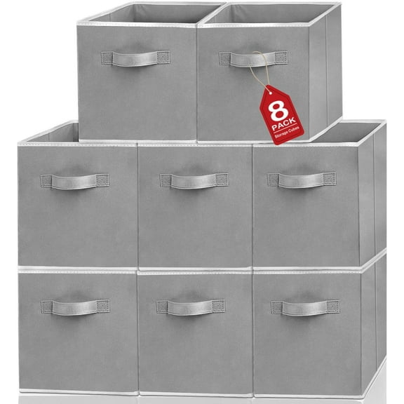 8 Pack Storage Cubes,11 Inch Cube Storage Bins,Fabric Foldable Cube Baskets,Collapsible Storage Bins with Handles,Fabric Bins Storage Box For Shelf Organizing Clothes Closet Toys,Grey