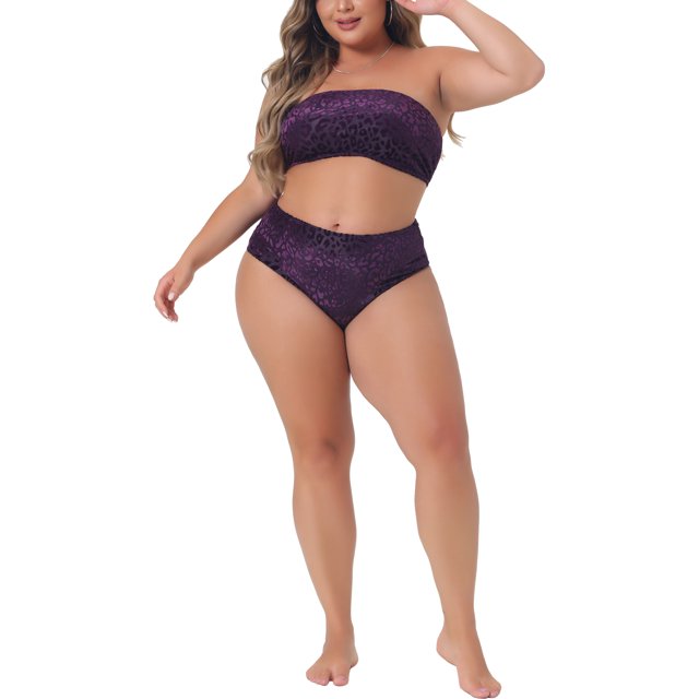 Bikini de dos piezas con bandeau de talla grande Agnes Orinda para mujeres, traje de baño de terciopelo con estampado de leopardo, bañador de cintura alta, púrpura 1X