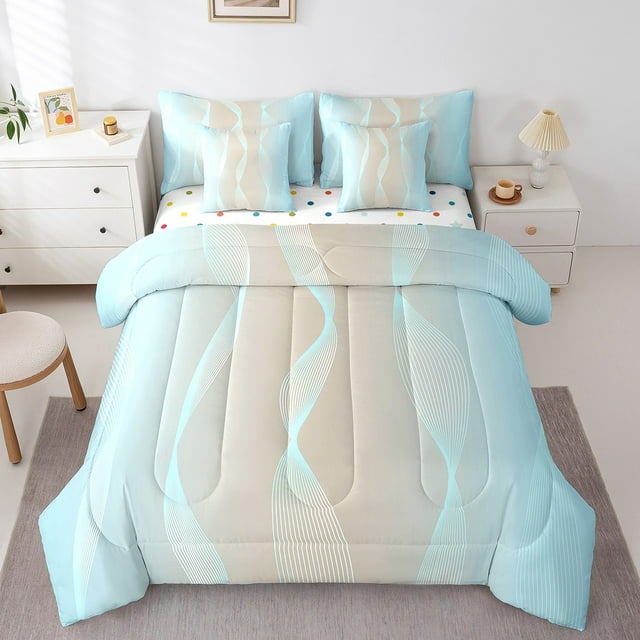 Gradient Aqua and Beige Bed in a Bag Queen Comforter Set 7 Piece,Silver Foil Print Wave Striped Bedding Sets Abstract Ombre Art Sheet Set with Comforter
