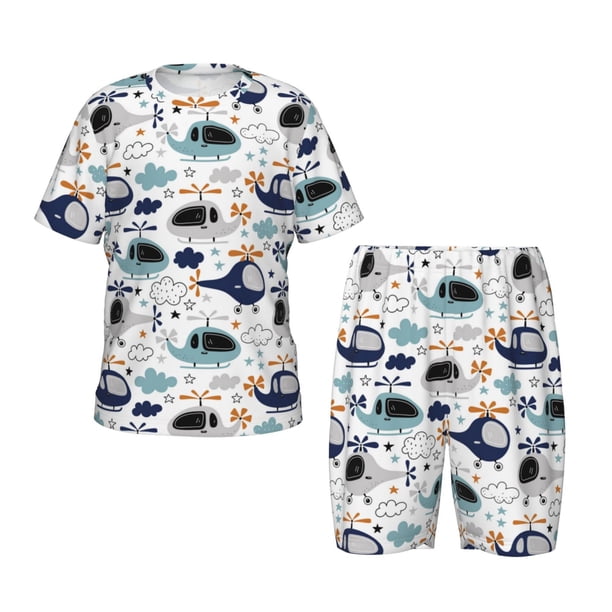 Balery Cartoon Helicopters Conjunto de Pijama Infantil de Manga Corta con Estampado – Ropa de Dormir de Algodón Suave-Medium