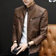 thumbnail image 1 of Chaqueta de cuero de primavera y otoño, chaqueta de cuero fina con cuello vertical para motocicleta, chaqueta de cuero elegante y de moda para estudiantes, ropa de cuero para hombres, 1 of 2